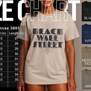The image is a size chart for a t-shirt, featuring a woman wearing a beige t-shirt with the text "Black Wall Street" printed on it. The chart provides size information for various t-shirt styles, including sizes XS, S, M, L, XL, XXL, and 5XL. The chart also includes a list of different t-shirt styles and their corresponding sizes.