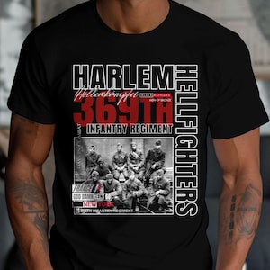 The image is a black and white photograph of a group of soldiers, likely from the Harlem Renaissance Infantry Regiment, with the text "HARLEM HELLMAN'S" and "HELLMAN'S" prominently displayed.