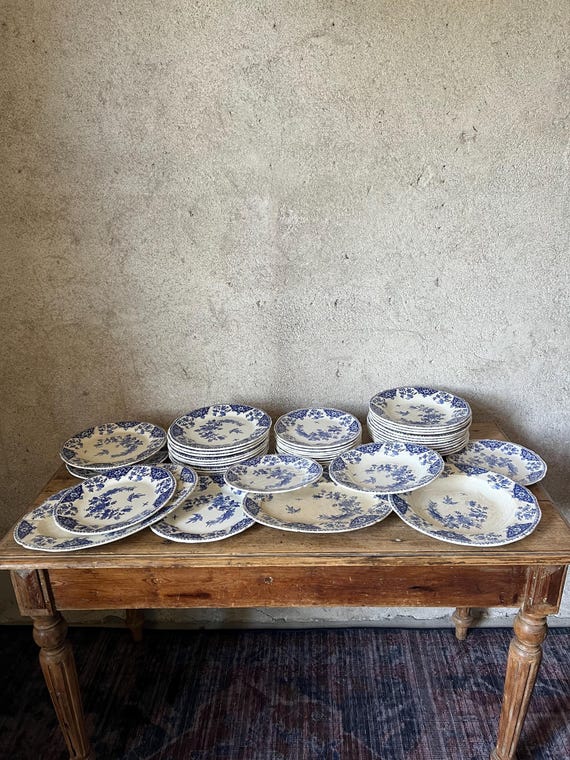 フランス製ヴィンテージ ジアン陶器セット「デルフト」ブルーカメオ