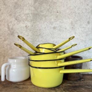 Vintage French Enamelware Pots – Nesting Canary Yellow Saucepans with Black Trim