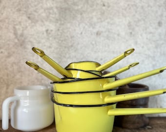 Vintage French Enamelware Pots – Nesting Canary Yellow Saucepans with Black Trim