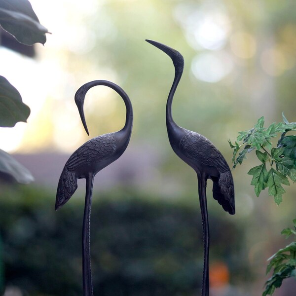 Pair of bronze crane figurines Approx. 19.5” and 21.5” 