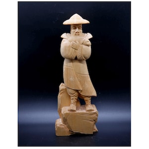 Asiatische handgeschnitzte Holzfigur bärtiger Mann mit Lamm schön detailliert 8,5 &quot;