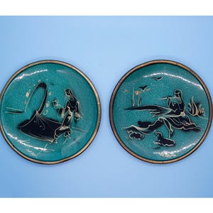2 Small Vintage Oppenheim Israel - Hand engraved Enameled Brass Wall Decor Plates