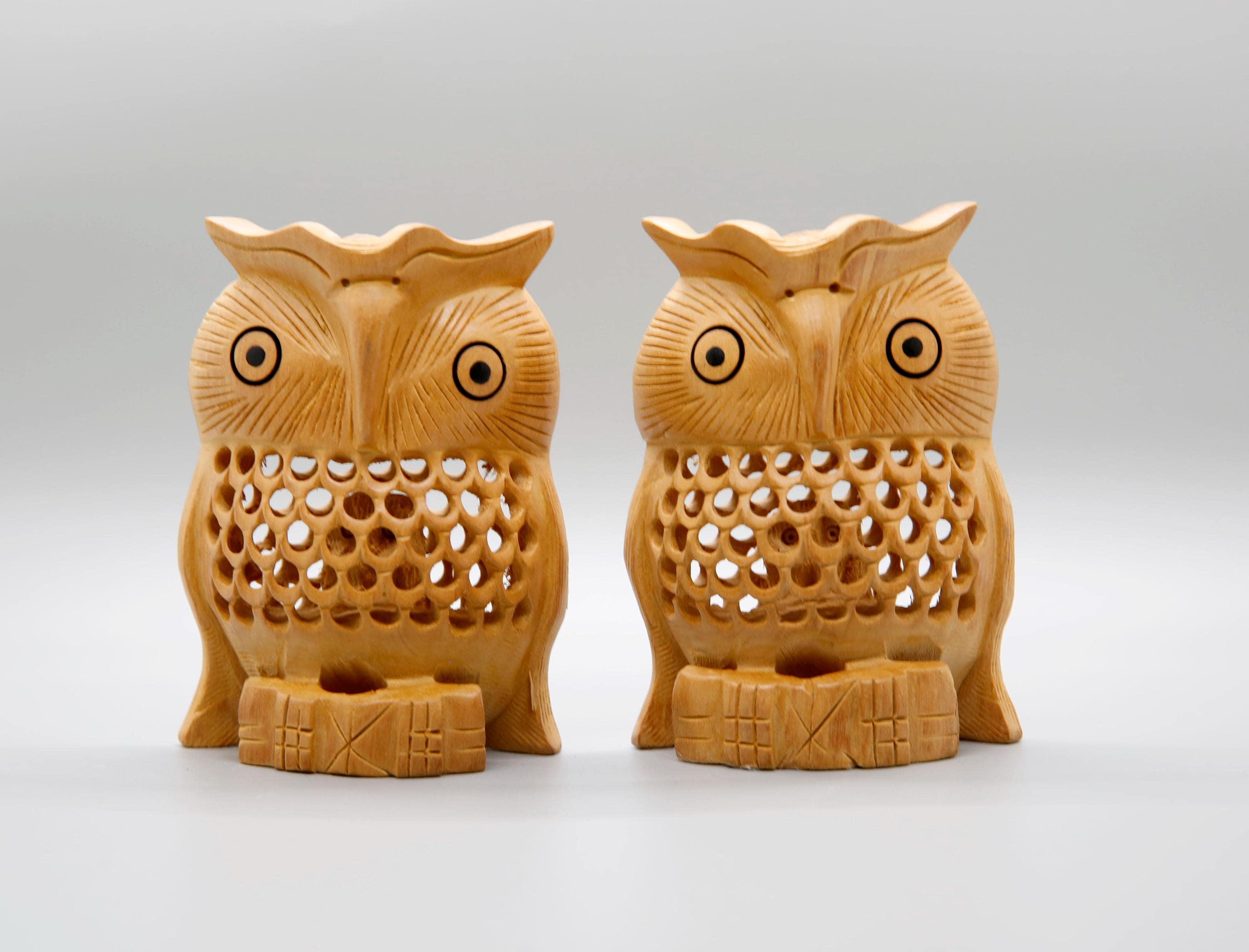 Pair of Japanese Wooden Crafted Owl Fukuro Hand Carved Statue Undercut Jali Work