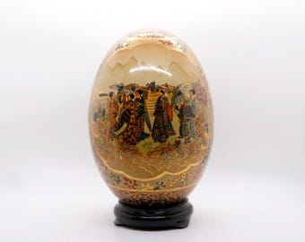 Vintage Satsuma Hand Painted  Gold Gilded Porcelain Large Egg With wood stand Tall 8"