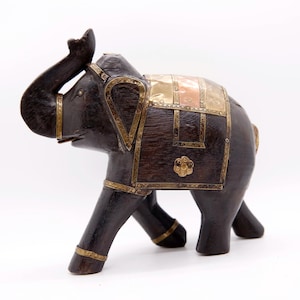 Vintage Hand Carved Wooden Elephant Copper Brass Accents Made in India