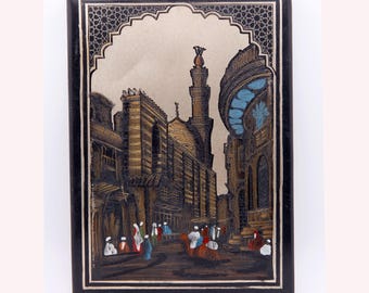 Vintage Hand Painted Copper Plates Engraved Enamel EL SHAMI Wall Hanging 9"x6.5"