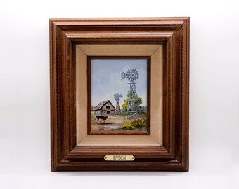 Original Framed Oil Painting of old barns & windmill scene Signed by J. Marie Hyden