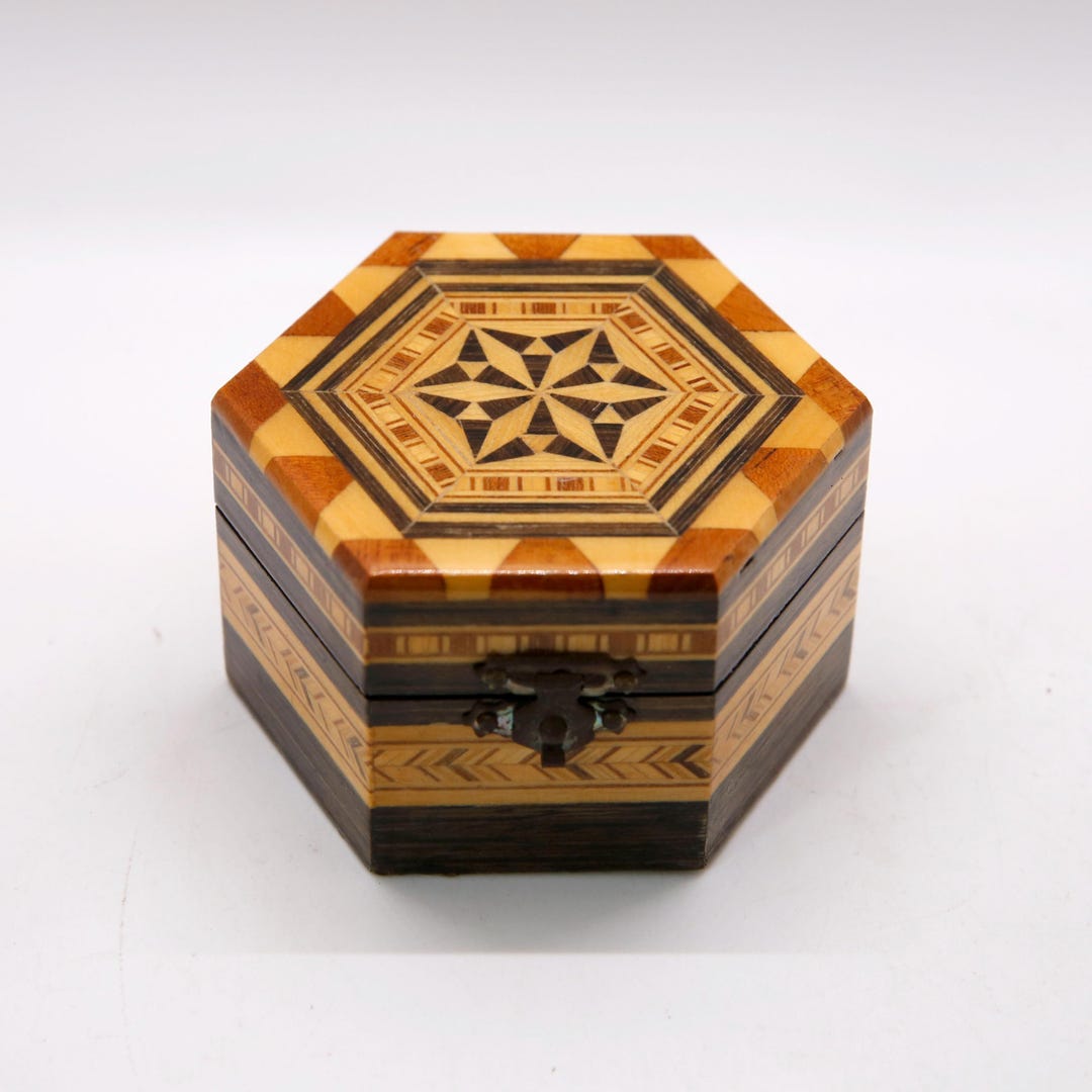 Marquetry Mosaic Inlay Box. Wooden Hexagonal Jewelry or Trinket Box - Etsy