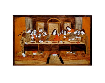 Vintage The Last Supper Wood Panel Art: Handmade Inlay, 17.5x11.5