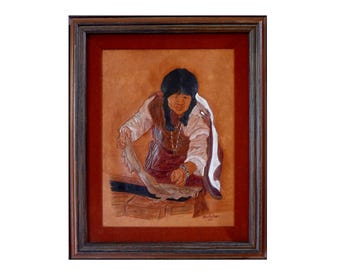 Vintage Hand-Carved Leather Painting: Native American Folk Art, Framed 22x18 Signed