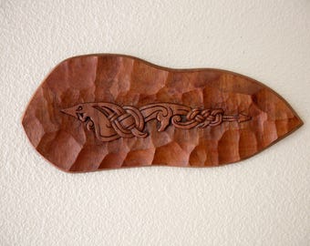 Vintage Viking Animal Carving Handmade Hardwood Celtic Knotwork dragon plaque Signed