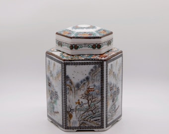 Vintage Tea Caddy Hexagonal Ceramic With Pastoral Scenes Made In Japan