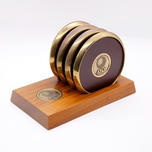 Vintage AT&T Brass Leather  4-Piece Coaster Set - Gold