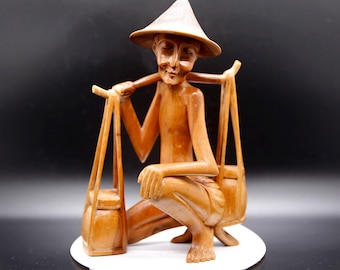 Vintage Asian Hand Carved Wood  Man Figure Collectible Ornament Statue 9"