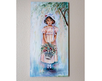 Original Oil Painting On Canvas Girl with flowers Signed 20"x10"