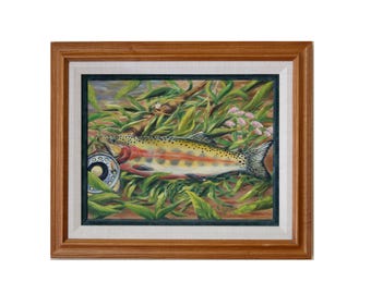 Original 1987 Oil Painting: Fish and Dragonfly - Framed, Signed