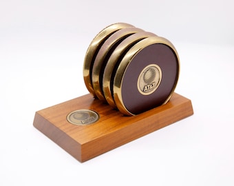 Vintage AT&T Brass Leather  4-Piece Coaster Set - Gold