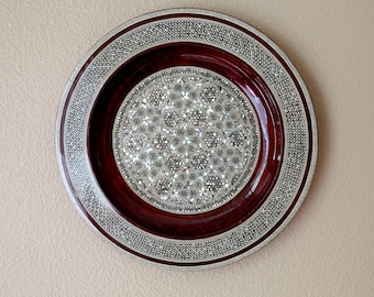 Large Handcrafted Wooden Decorative Plate Arabesque mother of shell Wall Deco 40cm