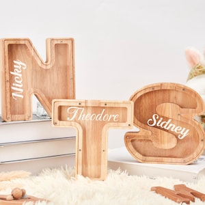 Alcancía con letras personalizadas, alcancía de madera con inicial personalizada y nombre para niño, regalo de madera para niños, alcancía, regalos neutros para baby shower.