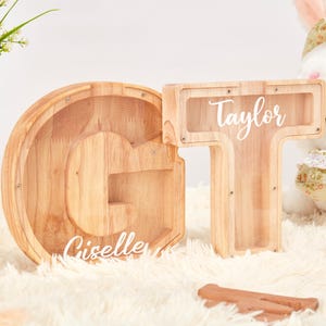 Alcancía de madera personalizada con letras para niños, alcancía con nombre personalizado, alcancía de madera con letras del alfabeto, decoración para habitación de niño, regalo neutro para niños.