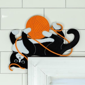 Cute Cat Door Topper | Cat Playing with a Ball of Yarn | Over the Door Corner Decor | Black, White, or Tuxedo Cat w/choice of yarn color