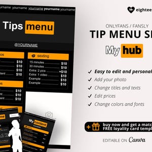 May include: A digital tip menu set for OnlyFans and Fansly, with a black and orange design. The menu lists options for photos, videos, and sexting services. The text reads "Tips menu" and "My hub".