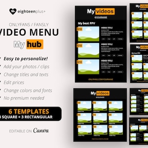 May include: Black digital templates for video menus, featuring the text "My videos" and "Video Menu." The templates are customizable, allowing users to add photos, change text, edit prices, and modify colors and fonts. Includes 6 templates, 3 square and 3 rectangular.