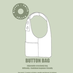 May include: A white button bag design on a light green background. The bag has a pocket and two buttons. Text on the image reads "BUTTON BAG", "Adjustable crossbody bag", and "You need: 1.2 meters of fabric, needle and thread, 5x buttons."