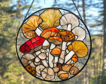 Mushroom Stained Glass Suncatcher, Forest Mushroom Window Hanging, Botanical Lover Gift