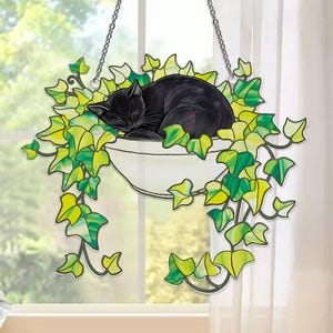 Black Cat Suncatcher: Ivy Plant Window Hanging, Cat Lover Gift