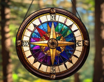 Compass Rose Faux Stained Glass Suncatcher: Nautical Window Hanging