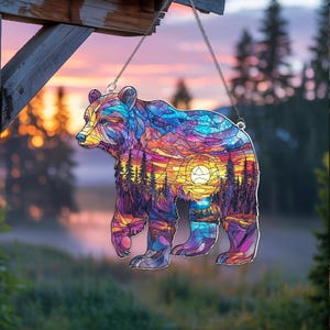Bear Galaxy Acrylic Suncatcher: Forest Window Hanging, Mountain Decor