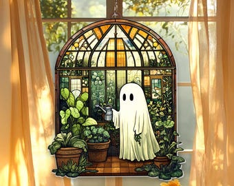 May include: A stained glass window hanging with a white ghost watering plants in a greenhouse. The ghost has two eyes and a small mouth. The greenhouse is filled with green plants and has a brown wooden floor.