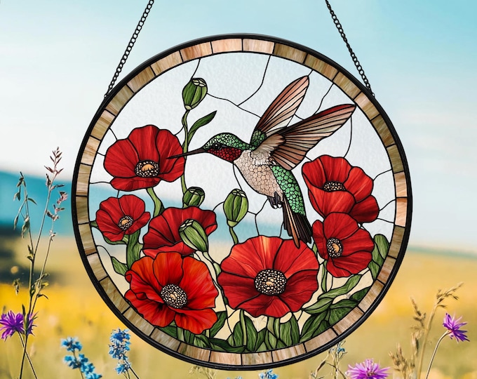 Hummingbird Faux Stained Glass Suncatcher: Poppies Window Hanging