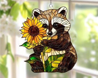 Racoon Sunflower Acrylic Suncatcher, Raccoon Window Hanging, Racoon Lover Gift, Mother's Day Gifts