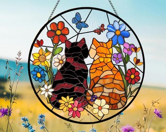 Personalized Cat Stained.Charming Black Orange Cat Couple Garden Suncatcher Stained Glass Dog Pet Window Hanging Glass Ornament Mom Gift