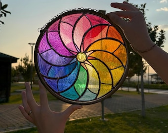 Rainbow Stained Glass Suncatcher: Flower Wheel Window Decor