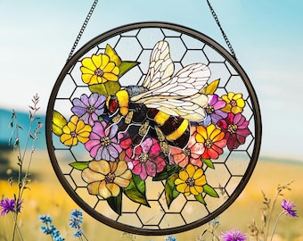 Bee Wildflower Stained Glass Suncatcher, Bee Window Hanging, Honeybee Gift for Garden Lovers