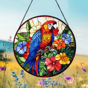 Cockatoo Stained Acrylic Window Hanging – Parrot & Hydrangea Acrylic Art Panel, Indoor/Outdoor Garden Decor, Gift For Women, Mother's Day, Christmas