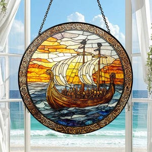 Viking Ship Stained Glass Suncatcher, Sea Lovers Window Hanging, Viking History Decor Gift