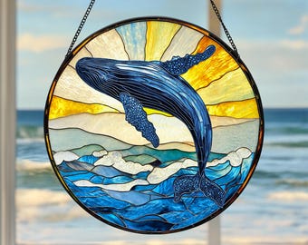 Humpback Whale Stained Glass Suncatcher: Ocean Window Hanging