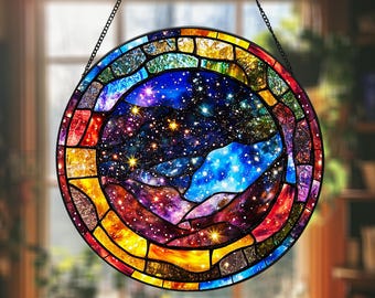Peut inclure: Un panneau de vitrail représentant une galaxie colorée avec des étoiles et des nébuleuses. Le panneau est circulaire et encadré de métal noir.
