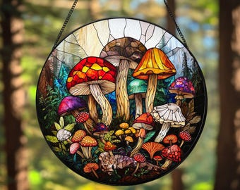 Mushroom Faux Stained Glass Suncatcher, Forest Mushroom Window Hanging, Botanical Lover Gift