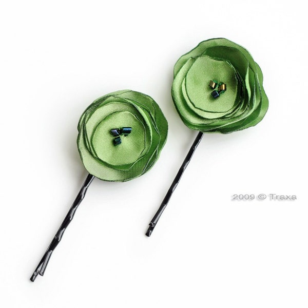 Green Flower Satin Bobby Pins - set of 2