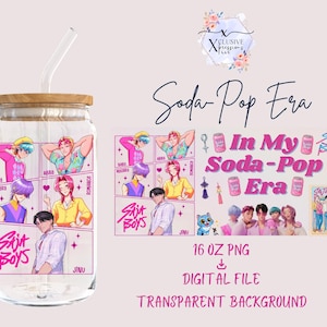 以下が含まれることがあります： 竹製の蓋とガラスストローが付いた透明なガラスタンブラー。タンブラーは、アニメスタイルのイラストと「Soda-Pop Era」と「Sait Boys」のテキストが特徴のピンクと白のデザインです。デザインには「In My Soda-Pop Era」のテキストが含まれています。