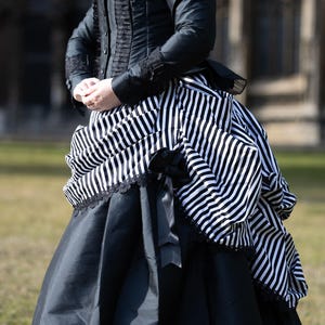 STRIPED STEAMPUNK SKIRT, Black and White Stripey Bustle, Victorian Costume Overskirt