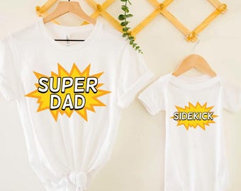 Super Dad Sidekick Shirt Set – Matching Dad and Kid Outfit – Father’s Day Superhero Shirts – Daddy and Me Gift Set – Comic Dad Baby Clothes