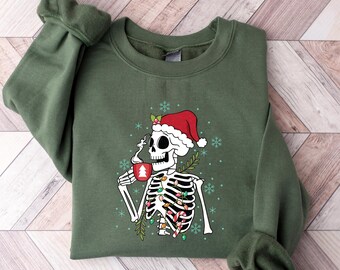 Sarcastic Christmas Coffee Sweatshirt, Coffee Lover Christmas Gift, Dead Inside Skeleton Christmas Sweatshirt,Merry Christmas Skeleton Shirt